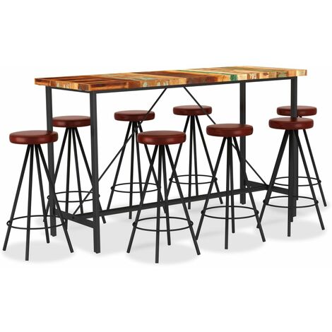 Ensemble de bar 9 pcs Bois de récupération et cuir véritable (1/5)