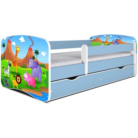 Lit enfant bleu Safari avec sommiers et barrière de sécurité amovible Drimy-70x140 (1/5)