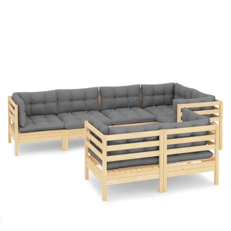 FIMEI Salon de jardin 7 pcs avec coussins gris Bois de pin massif (1/5)