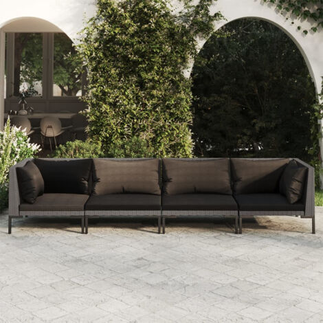 Salon de jardin 4 pcs avec coussins Résine tressée Gris foncé (1/5)