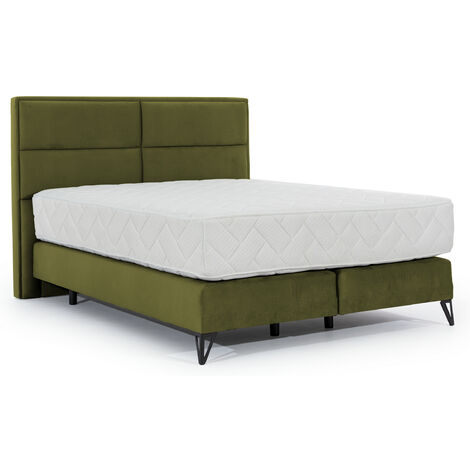 Lit continental tissu vert olive Tiempo avec matelas 30cm en latex et pied métal noir-180x200 (1/5)