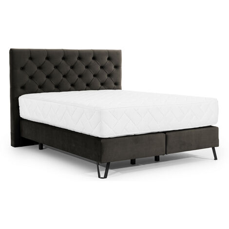Lit continental capitonné tissu marron Pozza avec matelas 30cm en latex et pied métal noir-180x200 (1/5)