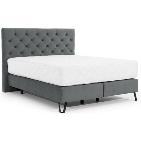 Lit continental capitonné tissu anthracite Pozza avec matelas 30cm en latex et pied métal noir-160x200 (1/5)