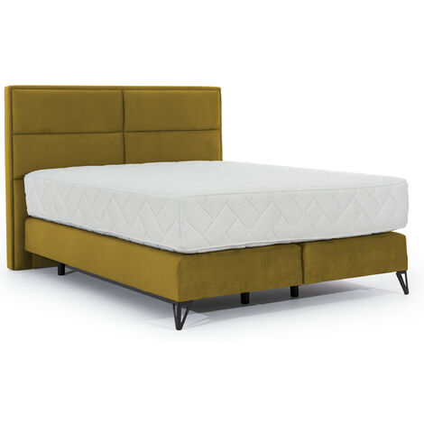Lit continental tissu jaune moutarde Tiempo avec matelas 30cm en latex et pied métal noir-180x200 (1/5)