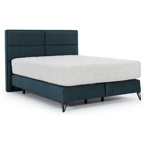 Lit continental tissu bleu Tiempo avec matelas 30cm en latex et pied métal noir-160x200 (1/5)