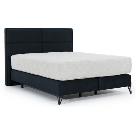 Lit continental velours bleu marine Tiempo avec matelas 30cm en latex et pied métal noir-180x200 (1/5)