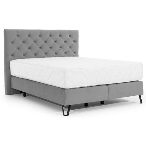 Lit continental capitonné tissu gris Pozza avec matelas 30cm en latex et pied métal noir-180x200 (1/5)