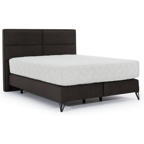 Lit continental velours marron Tiempo avec matelas 30cm en latex et pied métal noir-180x200 (1/5)