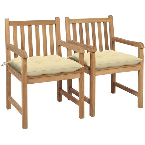 Chaises de jardin 2 pcs avec coussins blanc crème Bois de teck 2 (1/5)
