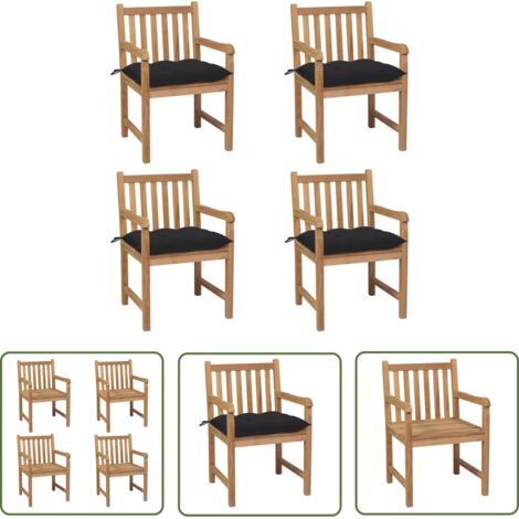 The Living Store Chaises de jardin lot de 4 et coussins noir Bois de teck solide - Chaise De Jardin - Mobilier De Jardin - Meubles De Jardin - Set De Chaises - Terrasse (1/5)