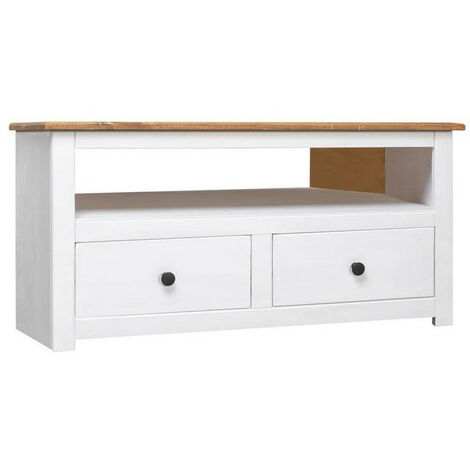 Meuble TV 2 tiroirs pin massif foncé et blanc Urda 93cm (1/5)