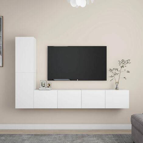 Meuble TV 130 cm avec éclairage LED, 4 tiroirs, meuble TV suspendu, 130 x  33 x 15 cm - Blanc
