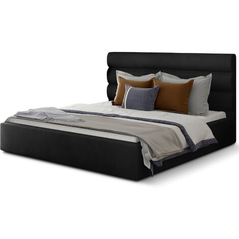 Lit double avec sommier Klarina - Velours rembourré-Noir-160x200 (1/5)