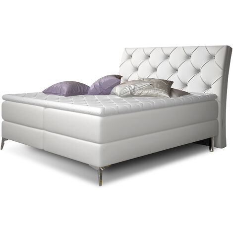 Lit design continental avec tête de lit capitonnée strass simili cuir blanc Banky-180x200 (1/5)