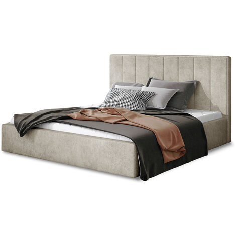 Lit adulte avec sommier Vareza – Tissu matelassé-Beige-160x200-Version avec sommier (1/5)