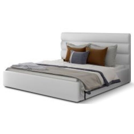 Lit adulte avec coffre de rangement Klarina - Simili cuir rembourré-Blanc-160x200 (1/5)
