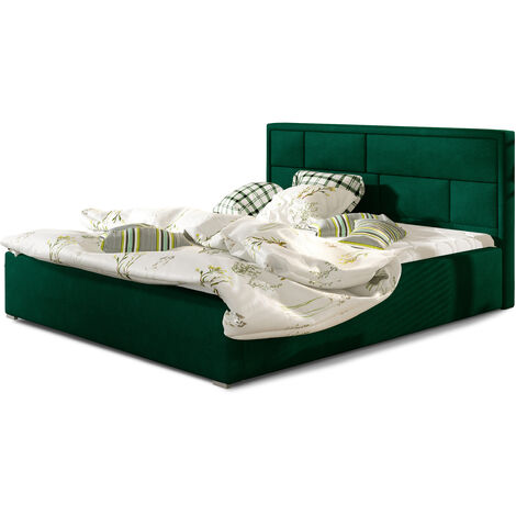 Lit adulte avec sommier Lenzo – Velours rembourré-Vert forêt-160x200 (1/5)