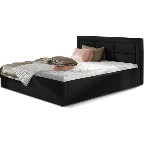 Lit moderne simili cuir capitonné RIZARO - Avec ou sans rangement-Noir-200x200-Version sommier et coffre (1/5)