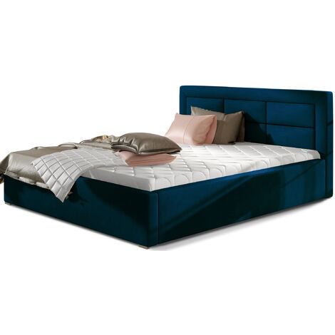 Lit moderne velours capitonné RIZARO - Avec ou sans rangement-Bleu nuit-180x200-Version sommier et coffre (1/5)