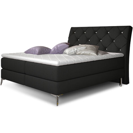 Lit design continental avec tête de lit capitonnée strass tissu noir Banky-180x200 (1/5)