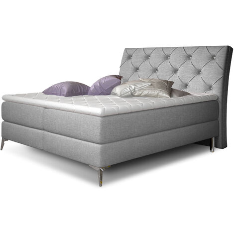 Lit design continental avec tête de lit capitonnée strass tissu gris clair Banky-160x200 (1/5)