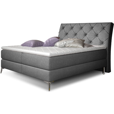 Lit design continental avec tête de lit capitonnée strass tissu gris Banky-180x200 (1/5)