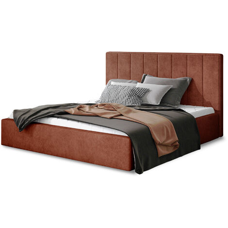 Lit adulte avec sommier Vareza – Tissu matelassé-Rouge tomette-140x200-Version avec sommier (1/5)