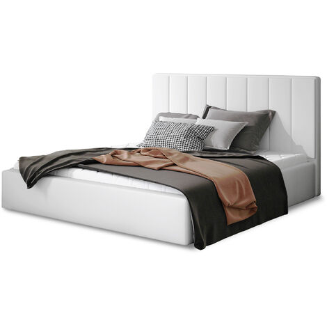 Lit adulte avec sommier Vareza – Simili cuir matelassé-Blanc-200x200-Version avec sommier (1/5)