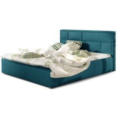 Lit adulte avec sommier Lenzo – Velours rembourré-Bleu canard-140x200 (1/5)