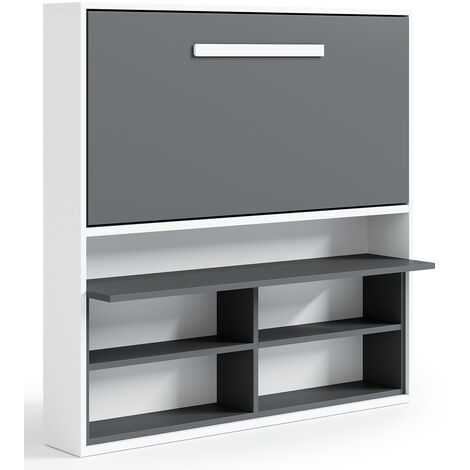 Lit escamotable horizontal 90x190 avec rangement et bureau Laura-Avec matelas-Coffrage Chêne clair-Façade Gris anthracite (1/5)