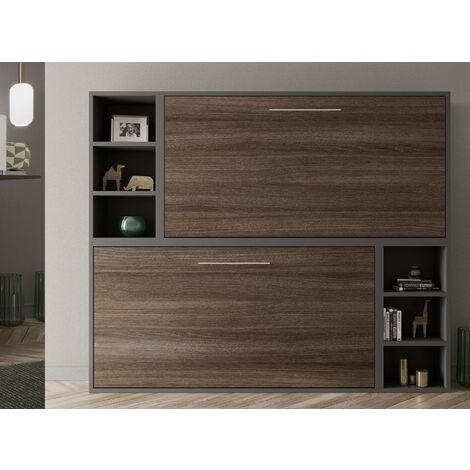 Lit escamotable superposé avec niches de rangement Briano-Couchage 90x190 cm-Coffrage Blanc-Façade Noyer (1/5)