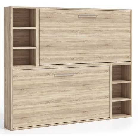 Les Tendances – Lit escamotable superposé 90x190 cm – Coffrage et façade chêne 3D – 2 couchages avec rangements – Échelle sécurisée incluse - 3D-Fa