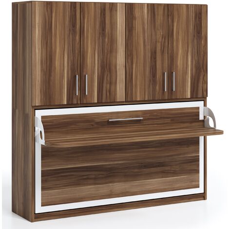 Lit escamotable horizontal 140x190 avec bureau et armoire 4 portes Spako-Couleur Noyer-Dimensions Profondeur 34,5 cm-Avec matelas (1/5)