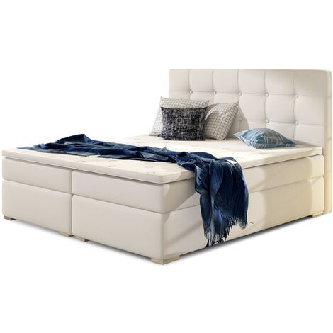 Les Tendances – Lit boxspring 140x200 cm simili cuir blanc – Matelas hypoallergénique 15 cm – Surmatelas mousse HR 4 cm – Structure robuste en bois massif