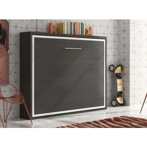 Lit escamotable horizontal 140x190 Valeria - Pieds synchronisés-Avec matelas-Coffrage Blanc-Façade Gris anthracite (1/5)