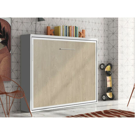 Lit escamotable horizontal 90x190 Valeria - Pieds synchronisés-Coffrage Blanc-Façade Chêne 3D (1/5)