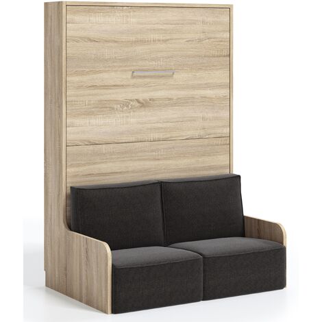 Lit escamotable vertical avec banquette Kora 140x190-Coffrage Blanc-Façade Chêne clair-Canapé Marron clair (1/5)