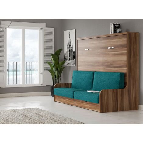 Lit escamotable horizontal 140x200 avec canapé tissu Kalian-Coffrage Blanc-Façade Blanche-Canapé Rouge (1/5)