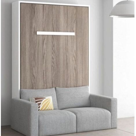 Lit escamotable vertical 140x190 avec canapé tissu Kimber-Coffrage Gris ciment-Façade Gris ciment-Canapé Beige (1/5)