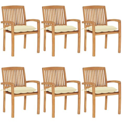 Chaises de jardin empilables avec coussins 6 pcs Teck solide 27 (1/5)