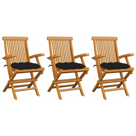 Chaises de jardin avec coussins noir 3 pcs Bois de teck massif 2 (1/5)