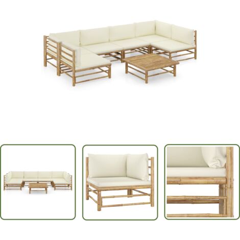 Salon de jardin 7 pcs avec coussins blanc crème Bambou 4 (1/5)