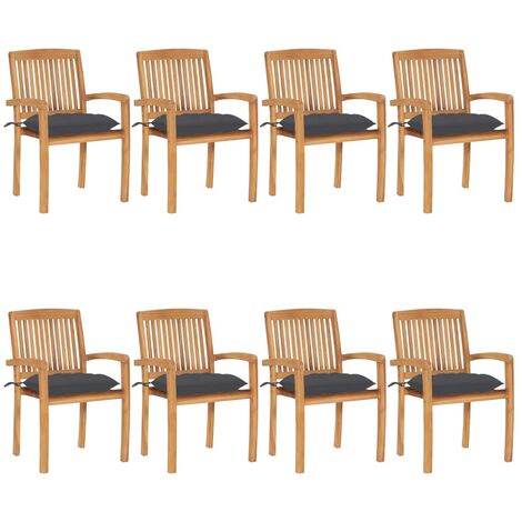 Chaises de jardin empilables avec coussins 8 pcs Teck solide 44 (1/5)