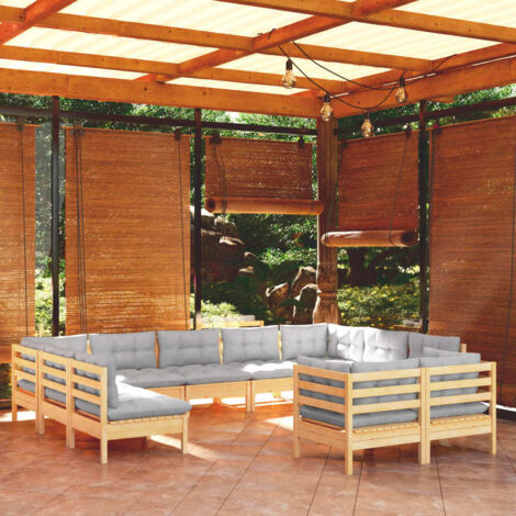 Salon de jardin 11 pcs avec coussins gris Bois de pin solide 9 (1/5)