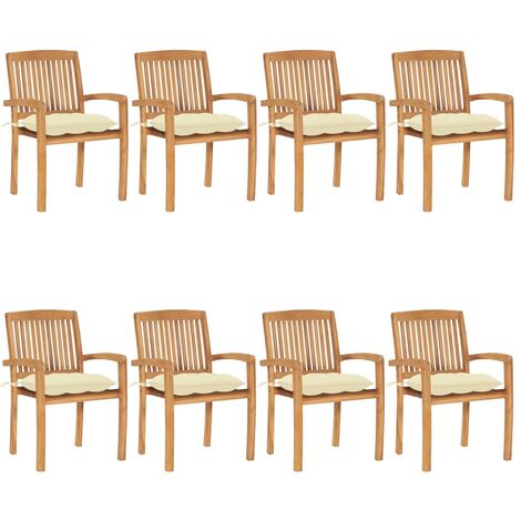 Chaises de jardin empilables avec coussins 8 pcs Teck solide 20 (1/5)