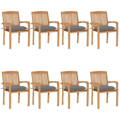 Chaises de jardin empilables avec coussins 8 pcs Teck solide 45 (1/5)