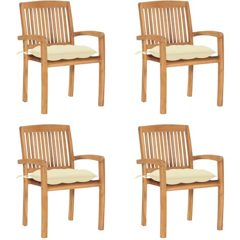 Chaises de jardin empilables avec coussins 4 pcs Teck solide 18 (1/5)