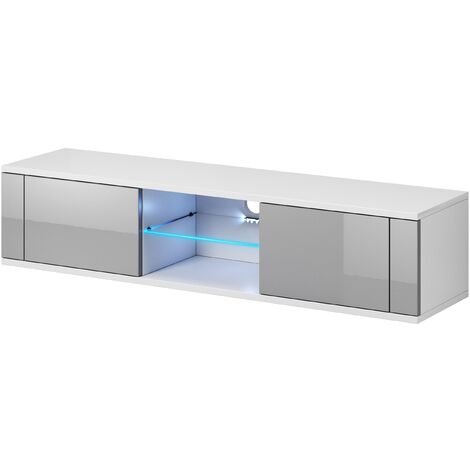 Meuble TV contemporain gris et blanc avec LED 2 portes MALORIE