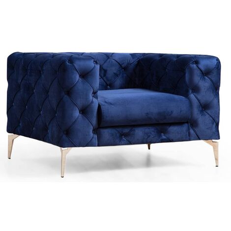 Fauteuil capitonné velours bleu marine et pieds chromés Herakles 108cm