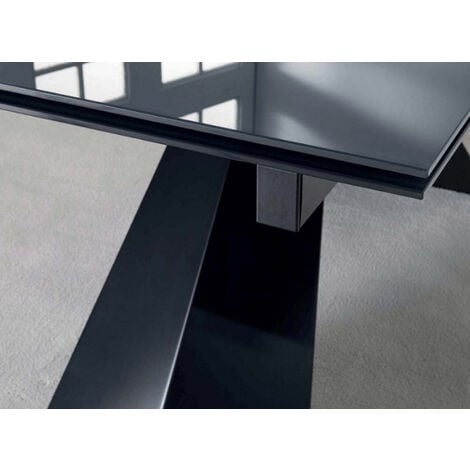 Table extensible plateau Verre pieds métal Noir mat 140 cm